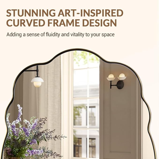ANDY STAR Brushed Gold Oval Bathroom Mirror, 24x36 Inch Wavy Scalloped Wall Mirror, Anti-Rust Brass Metal Mirror for Bathroom Hang Vertical or Horizontal