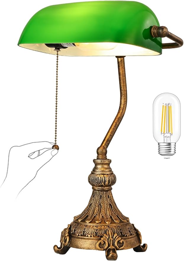 Vintage Green Glass Bankers Desk Lamp for Home Office,Library with Pull Chain Switch Plug in Fixture, LED Bulb Included