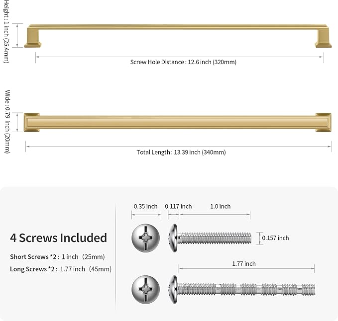 Lardmon 10 Pack 12.6 Inch(320mm) Hole Center Brushed Gold Modern Cabinet Pulls Kitchen Cabinet Handles Kitchen Cabinet Hardware Timeless Drawer Pulls for Dresser Cupboard Wardrobe, B-Gold(12.6x10)