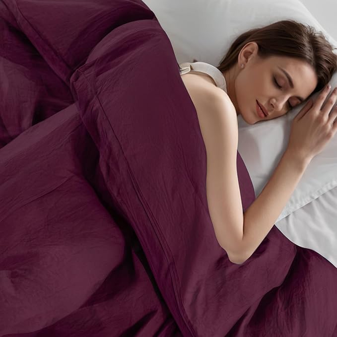 NEXHOME PRO 100% Washed Cotton Duvet Cover Queen Size, Ogranic Natural Linen Feel Breathable Bedding Set with Zipper Closure, 3 Pieces Duvet Cover Set Wine (No Comfortert) 9090