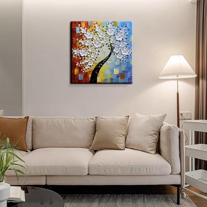 YaSheng Art -3D handmade paintings textured wall art Oil Painting On Canvas white Flowers Paintings Modern Home living room Wall Art Abstract canvas art picture Ready to hang 30x30inch