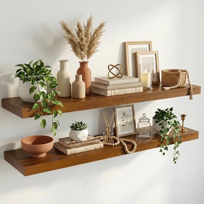 IAE Walnut Floating Wall Shelves 36 inch, Bathroom Shelf Wall Mounted,Invisible Shelving Floating Kitchen Shelf,Wooden Wall Shelves with Brackets for Living Room Wall Mounted,Easy Install,Set of 2