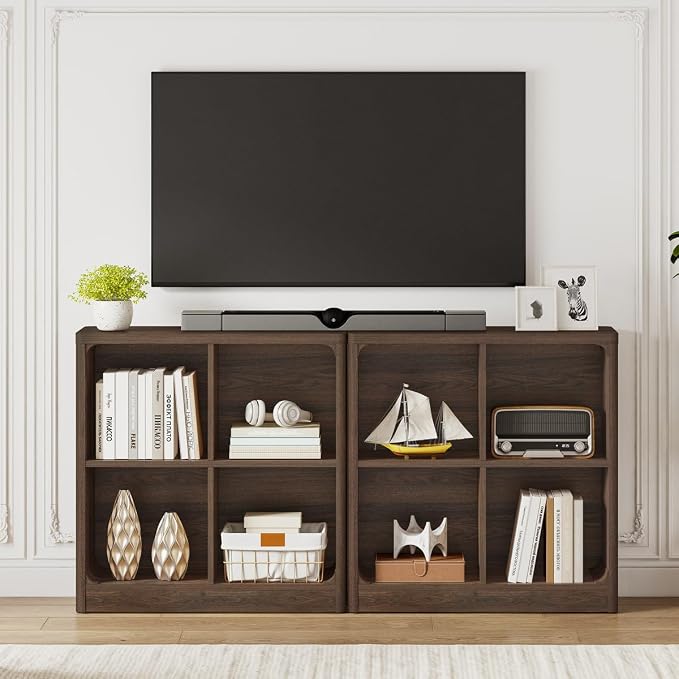 FATORRI 4 Cube Storage Organizer Bookshelf, Small Cube Bookcase, Wood Cubby Shelf for Living Room, Home Office, Bedroom (Dark Walnut, 29.53 Inch)