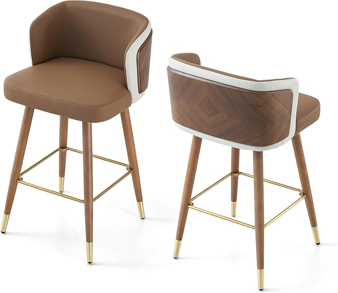 ARTPLAN Mid Century Modern Bar Stools Set of 2 for Counter Height - Leather Upholstered Seat with Walnut Wood Frame, Retro 34 Inch Bar Chairs for Home Kitchen Island, Bar, Breakfast Nook,Brown