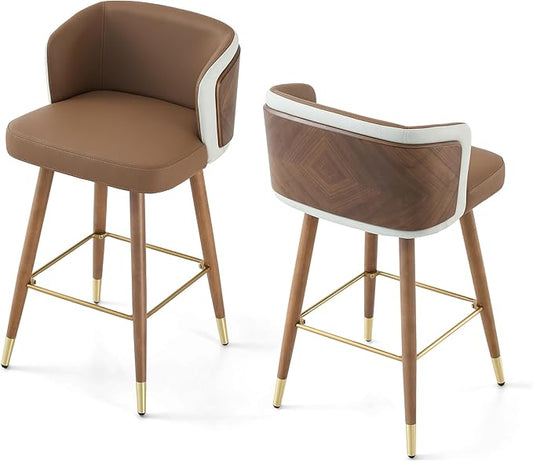 ARTPLAN Mid Century Modern Bar Stools Set of 2 for Counter Height - Leather Upholstered Seat with Walnut Wood Frame, Retro 34 Inch Bar Chairs for Home Kitchen Island, Bar, Breakfast Nook,Brown