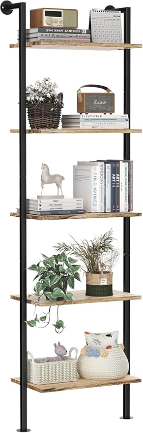 Acovy 5-Tier Bookshelf Solid Wood Ladder Shelf, Narrow Book Shelf Display Shelf, Wooden Bookcase, Wall Mount Ladder Shelf, Storage Rack for Living Room, Bedroom, Industrial Style, Rustic Brown