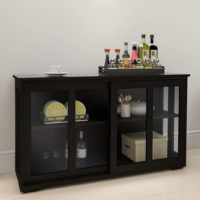 RASOO Buffet Sideboard with Sliding Glas Door and Adjustable Shelf Stackable Kitchen Storage Cabinet Antique Cupboard Home Furniture, Black