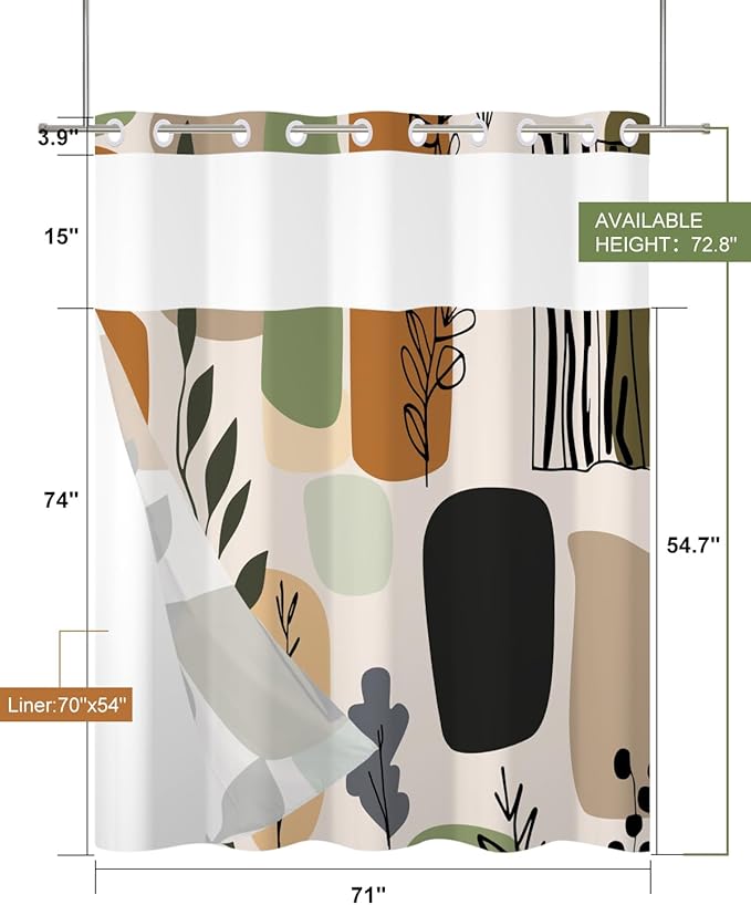 No Hook Shower Curtain and Snap in Liner Set - Modern Abstract Botanical Geometric Pattern Shower Curtains for Boho Mid-Century Bathroom, Waterproof Bath Tub Curtain with Mesh Top, 71Wx74H