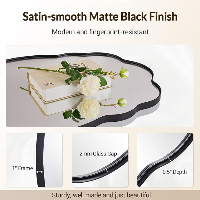ANDY STAR Matte Black Scalloped Wall Mirror -24x36 Irregular Bathroom Vanity Mirror for Vanity, Living Room & Entryway, Anti Rust Stainless Steel Wall Mount Horizontal or Vertical