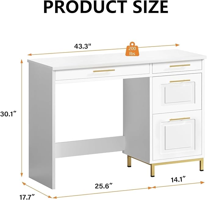 4 EVER WINNER White Desk with Drawers and Golden Handles, 43" Home Office Desks with Drawers, Computer Wrighting Table with Storage for Bedroom, White and Gold Desk