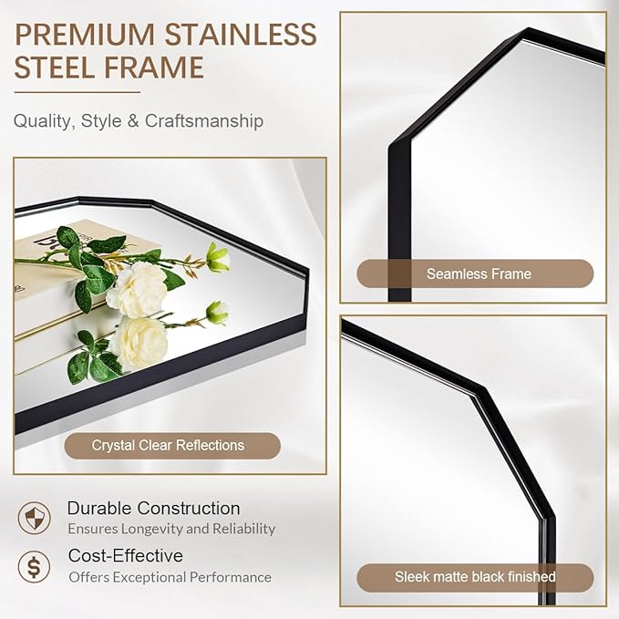 ANDY STAR Black Octagon Bathroom Mirror, 30x40 Inch Stainless Steel Metal Frame, Anti-Rust, Shatterproof HD Glass, Wall Mounted for Bathroom, Bedroom, Living Room