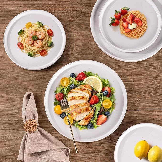 AmorArc Ceramic Dinnerware Set for 8 | Speckled Stoneware Plates and Bowls with Rustic Terracotta Underside| Scratch Resistant,Dishwasher & Microwave Safe Dishes Sets- 24pcs White