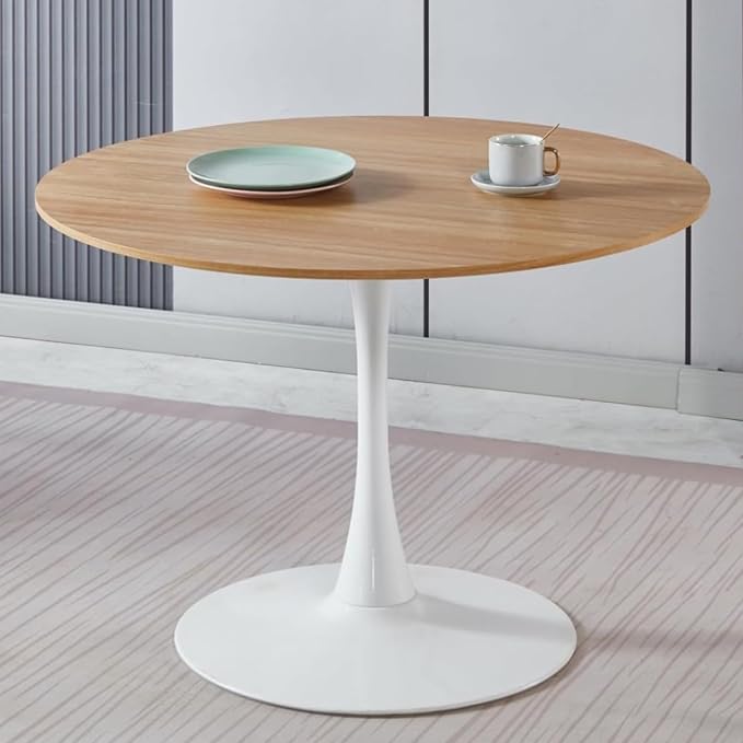 42 Inch White and Oak Round Dining Table for 4-6 Person,Mid-Century Oak Tulip Kitchen Table, Pedestal Metal Base Table for Kitchen Dining Room