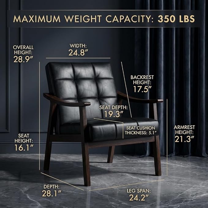 Mid-Century Modern Accent Chair, Upholstered Arm Chair Solid Wood Frame for Lounge, Living Room, Reading Room, Bedroom (Antique Black + PU Leather)