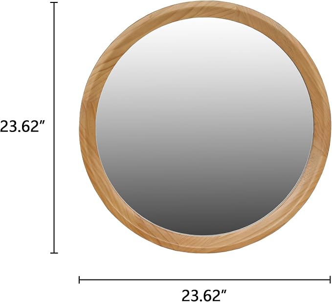 23.62" Round Natural Wood Wall Mirror Minimalist Mid-Century Modern Decorative Mirror with Sleek Solid Wood Frame HD Wall Mounted Mirror for Bathroom Vanity Living Room Bedroom Entryway