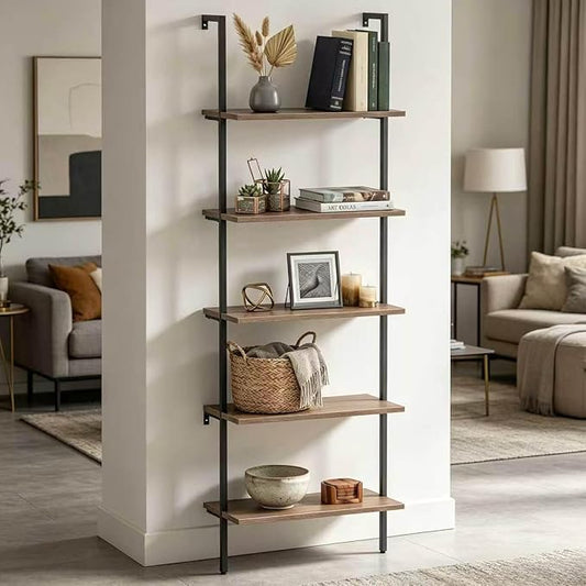 Wolawu 5 Tiers Ladder Shelf Brown Modern Bookshelf Open Tall Wall Mount Bookcase Standing Leaning Wall Shelves Industrial Decorative Living Room Bed Room
