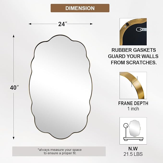 ANDY STAR Brushed Gold Oval Bathroom Mirror, 24x40 Inch Modern Wavy Scalloped Wall Mirror, Anti-Rust Brass Metal Mirror for Bathroom Hang Vertical or Horizontal