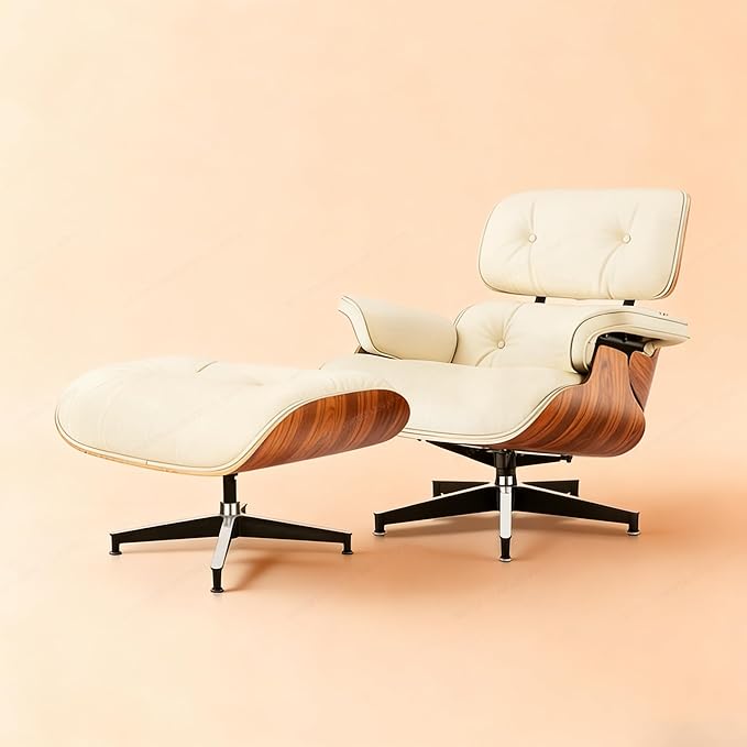 Mid-Century Genuine Top Grain Leather Chaise Lounge Chair & Ottoman, Rosewood Base, Modern Classic Design for Living Room & Office