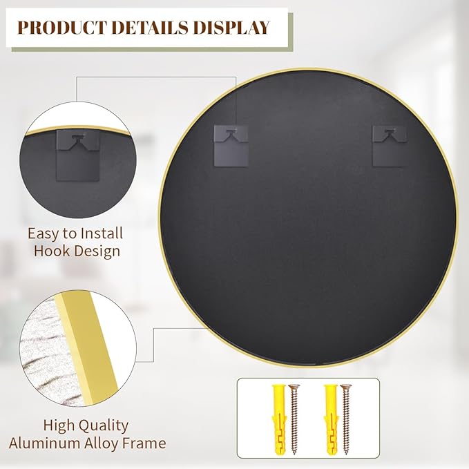 BEAUTYPEAK 28 Inch Round Mirror, Metal Frame Circle Mirror, Wall Mounted for Entryway, Bathroom, Vanity, Living Room, Gold