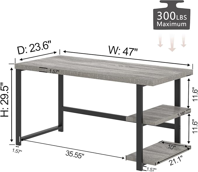 FOLUBAN 47 Inch Home Office Desk, Modern Computer Desk with Storage Shelves, Small Study Writing Gaming Table Workstation for Living Room Bedroom, Industrial Light Grey