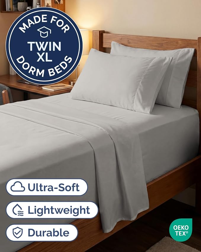 Extra Deep Twin XL Sheet Set - 4 Piece College Dorm Bed Sheets Set w/Extra Deep Pockets - Ultra-Soft, Comfy & Breathable Bedding for Women, Men, Kids & Teens - Wrinkle & Fade Resistant - French Grey