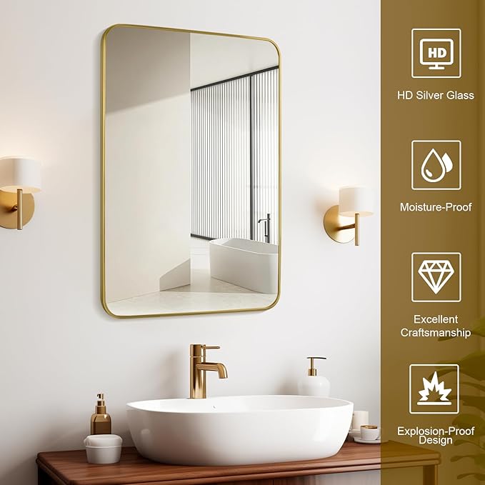 Gold Wall Mirror for Bathroom 24X32 Inch Stainless Steel Metal Frame Bathroom Vanity Mirror Rounded Rectangle Mirror Rustproof for Entryway, Living Room Hangs Vertically or Horizontally