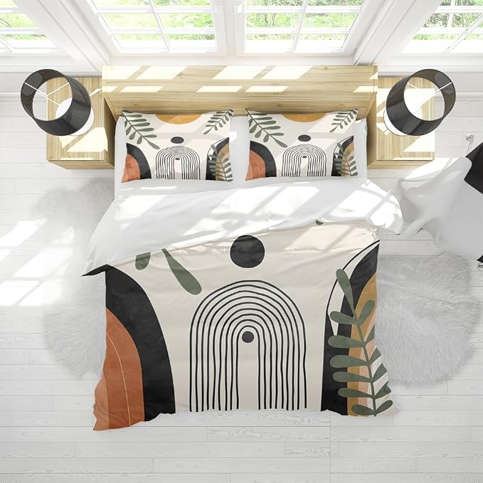 Boho Duvet Cover - Abstract Botanical Sun Beige Comforter, Modern Mid Century Bedding Sets, Geometric Comforter for All Season, 3 Pieces Home Bedroom Decorations, Soft Microfiber, 68"x88"
