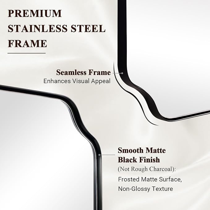 ANDY STAR 36x48 Inch Large Mirror, Matte Black Rectangle Mirror for Wall, Bathroom Mirror in Premium Stainless Steel Metal Thin Frame Deep 1’’, Unique Rounded Scalloped Edge, Vertically/Horizontally