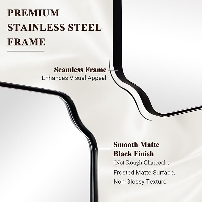 ANDY STAR 36x48 Inch Large Mirror, Matte Black Rectangle Mirror for Wall, Bathroom Mirror in Premium Stainless Steel Metal Thin Frame Deep 1’’, Unique Rounded Scalloped Edge, Vertically/Horizontally