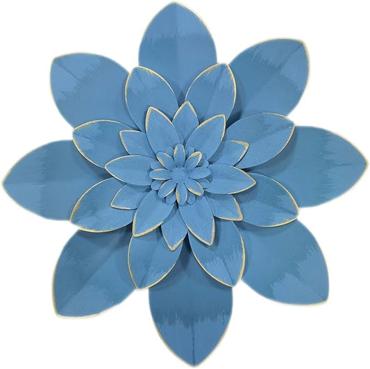 Ocean Blue Metal Flower Wall Art Decor, 9.5“ Rustic Modern Floral Sculpture, Distressed Hanging Home Decoration Accent Artworks for Indoor Bedroom Living Room Office Outdoor Garden Patio
