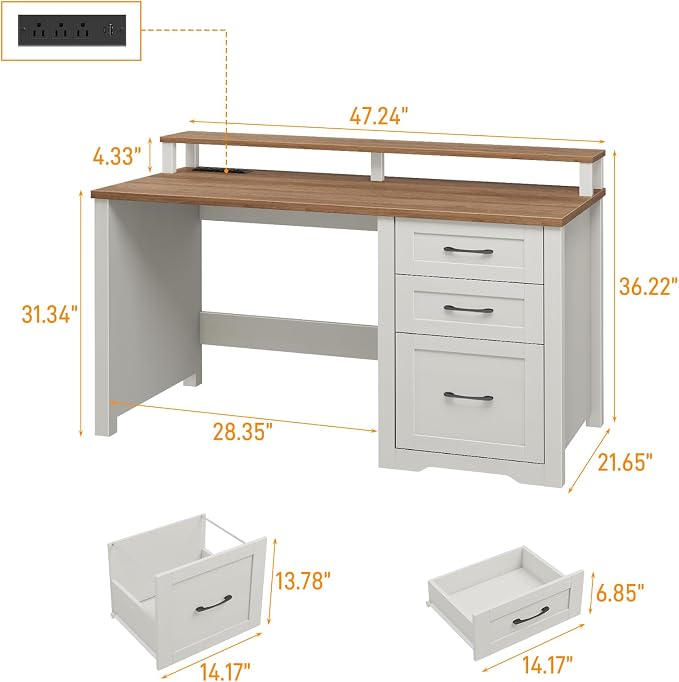 Vabches 47" Farmhouse Executive Desk with Monitor Stand & File Cabinet,3 Drawers Computer Desk with LED Lights and Power Outlets,Workstation for Home Office, Study,Writing.（Unique White）