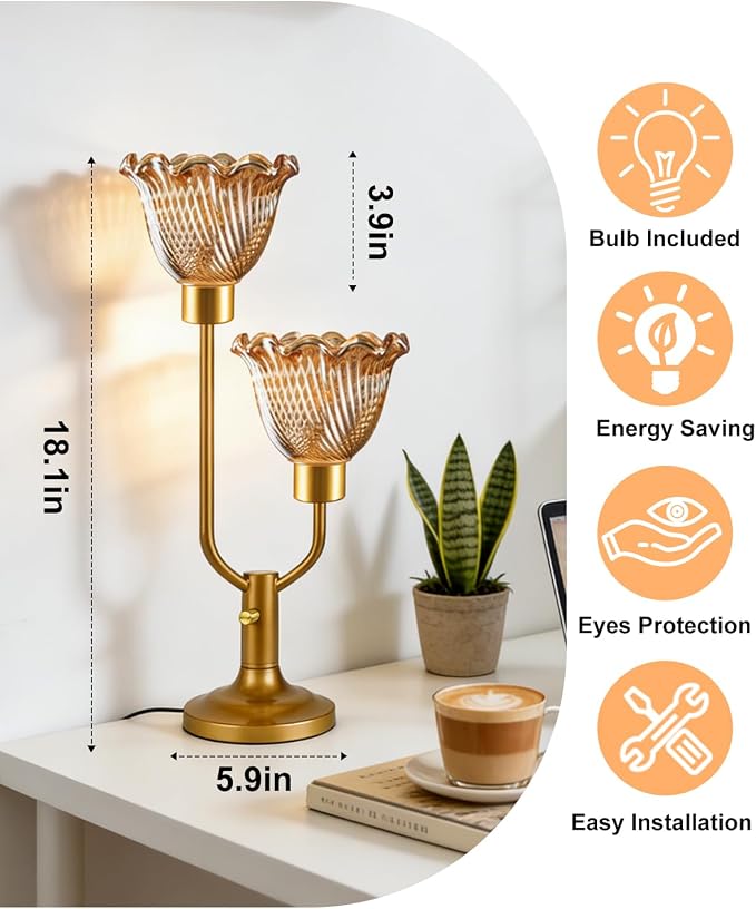Lightdot Gold Table Lamp for Bedroom Dimmable Mid Century Modern Flower Desk Lamp Amber Glass Vintage Nightstand Lamp 2 Bulbs Included Warmwhite Ambient Bedside Lamps for Living Room Home Office Decor