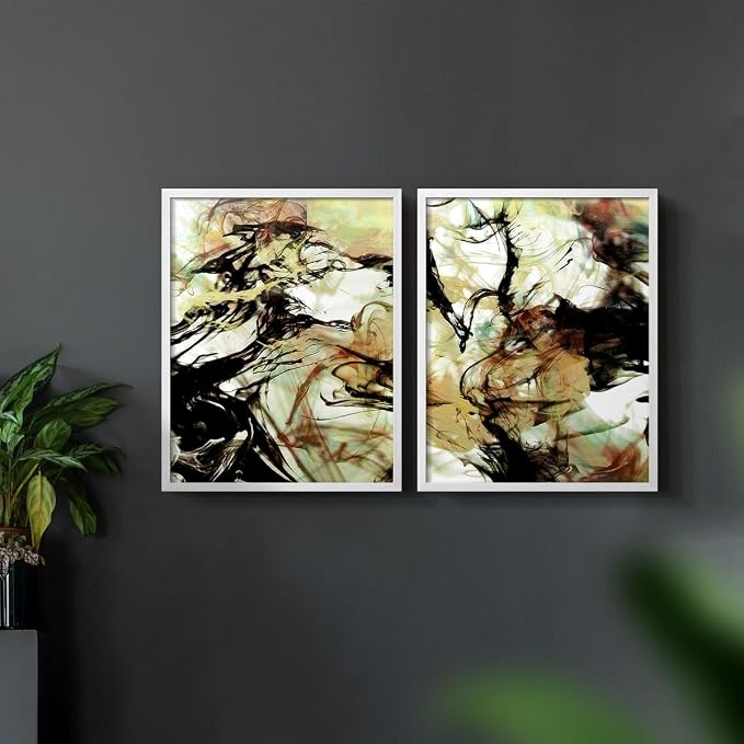 Renditions Gallery Set of 2 Peel & Stick Framed Prints, Abstract Wall Art, Vaping Smoke Design Wall Decor, Re-Stickable - Ready to Hang - 11"x14" - White Frame LT588