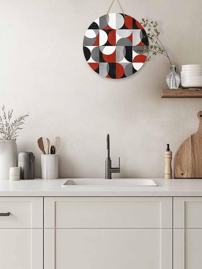 Welcome Sign for Front Door Mid Century Geometric Wood Door Hanger for Outdoor Outside Porch,12 Inch Round Wooden Wreath Indoor Wall Hanging Decoration, Abstract Modern Red