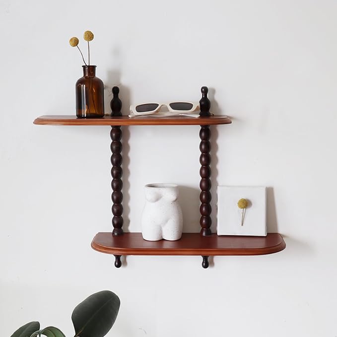 2-Tier Wall Mounted Floating Shelf with Two Roman Columns, Decorative Display Shelf for Entrance, Bathroom, Bedroom, Living Room, Kitchen, Office (Brown)