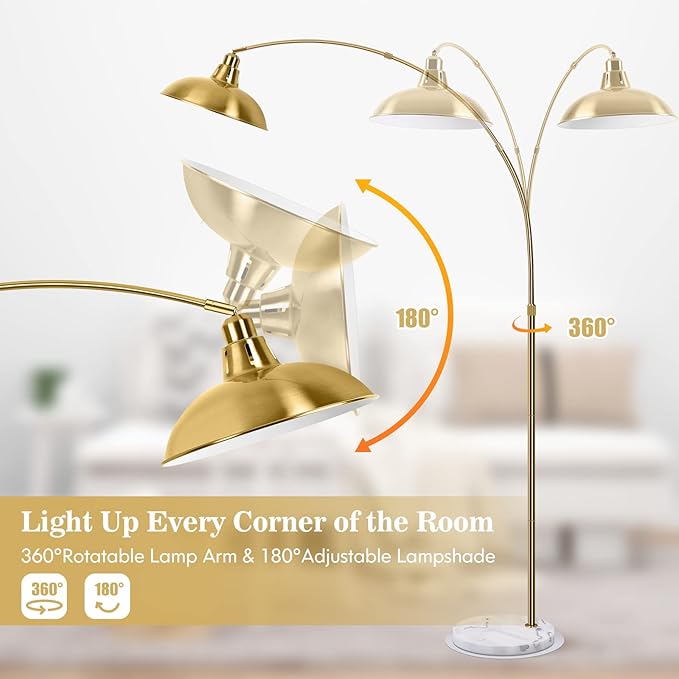 Gold Brass Arc Floor Lamp for Living Room - Mid Century Modern Standing Lamp, Overhanging Floor Lamps, Arch Stand Up Lamp & Floor Light with White Marble Base, Ideal for Bedroom Study Room