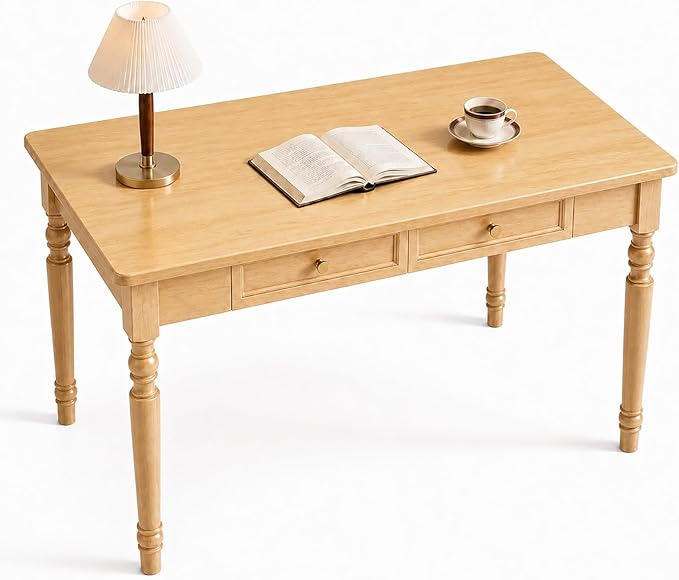 Walnut Writing Desks with Drawers, 47" Solid Wood French Country Style Computer Desk for Home Office, Living Room Study Workspace or Bedroom, Traditional Vanity Dressing Table