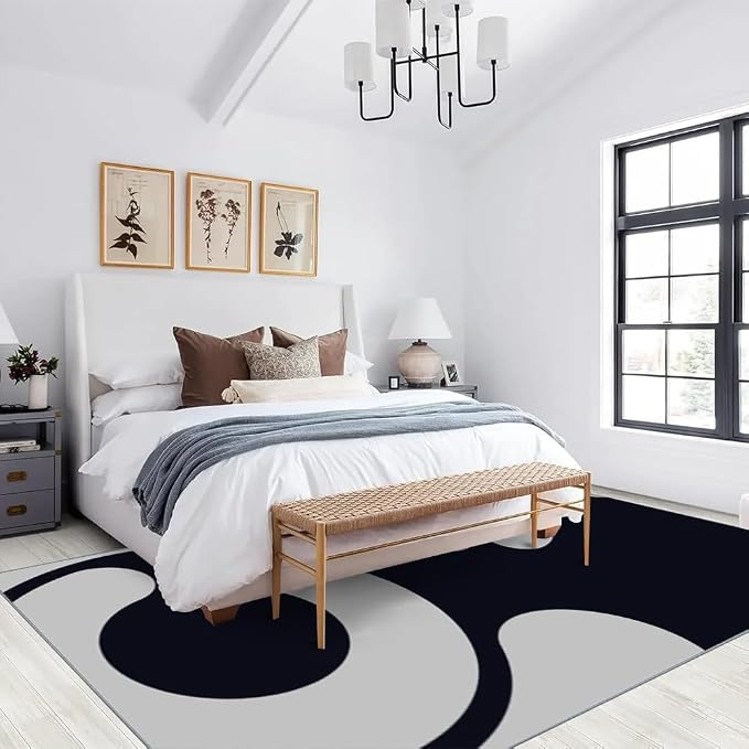 Modern Minimalist Area Rugs, Black Grey Abstract Aesthetic Carpet, Washable Non Slip Low Pile Soft Rug for Living Room Bedroom Decor Mat 5x8ft