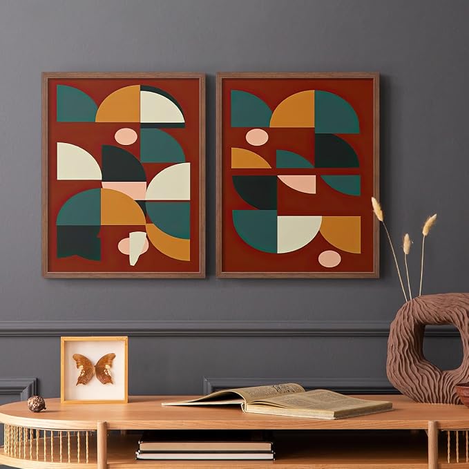Renditions Gallery Set of 2 Peel & Stick Framed Prints, Mid Century Abstract Wall Art, Modern Geometric Shapes Wall Decor, Re-Stickable - Ready to Hang - 11"x14" - Walnut Frame LT588