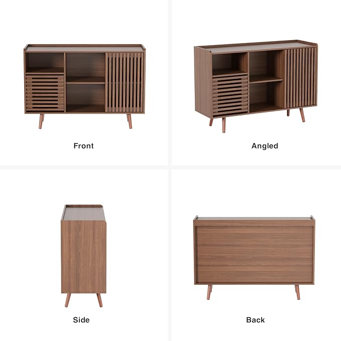 FiveWillowise 47.2" Buffet Cabinet with Storage, Mid-Century Sideboard Coffee Bar Cabinet with Sliding Door for Living Room, Dining Room, Kitchen, Hallway, Walnut