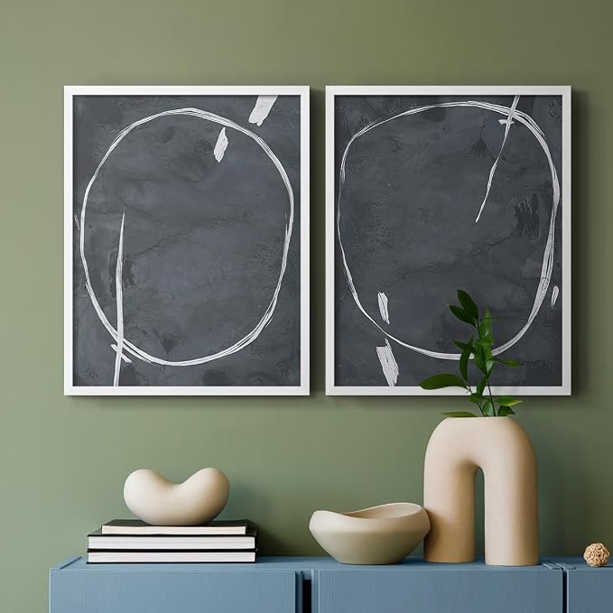 Renditions Gallery Set of 2 Peel & Stick Framed Prints, Abstract Wall Art, Circular Momentum Design Wall Decor, Re-Stickable - Ready to Hang - 8"x10" - White Frame LT588