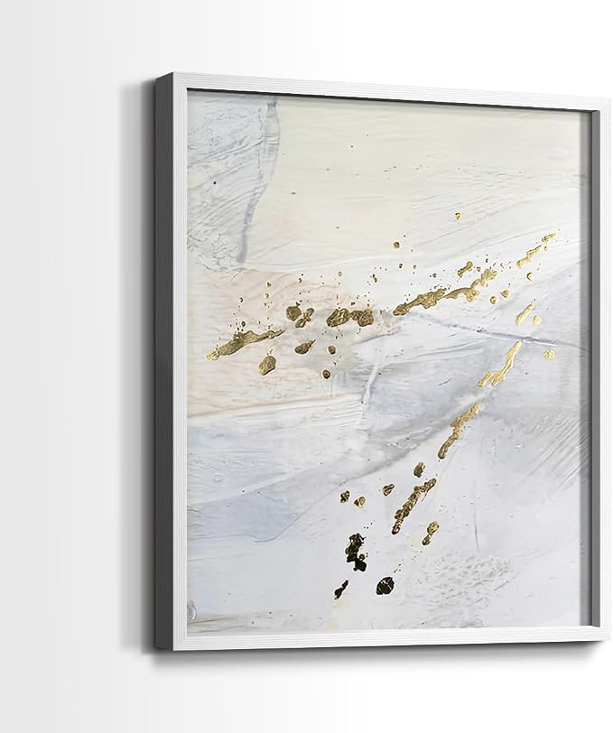 Renditions Gallery Set of 2 Peel & Stick Framed Prints, Modern Abstract Wall Art, Gold Sprinkle Oil Painting Wall Decor, Re-Stickable - Ready to Hang - 8"x10" - White Frame LT588