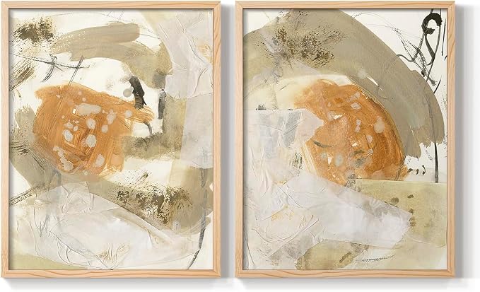Renditions Gallery Set of 2 Peel & Stick Framed Prints, Neutral Abstract Wall Art, Earthy Tones Blended Brushstrokes Wall Decor, Re-Stickable - Ready to Hang - 16"x20" - NATURAL WOOD Frame LT588