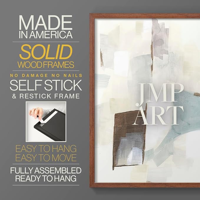 Renditions Gallery Set of 2 Peel & Stick Framed Prints, Abstract Wall Art, Minimalist Color Block Brush Strokes Wall Decor, Re-Stickable - Ready to Hang - 11"x14" - Walnut Frame LT588