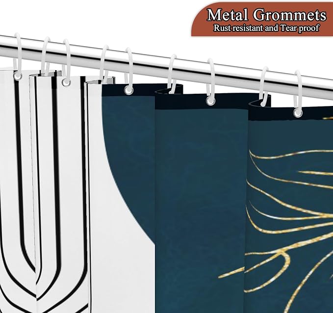 Mid Century Boho Shower Curtain, Abstract Modern Sun Minimalist Aesthetic Shower Curtain, Bohemian Geometric Arch Curve Leaves Neutral Art Fabric Bathroom Curtain Blue 60x72 inch