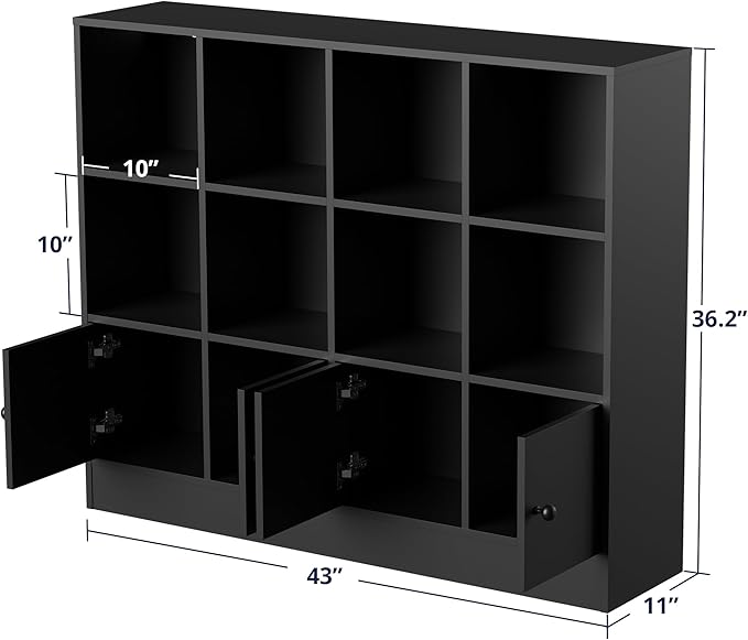 Cozy Castle Black Wood Bookcase, 12 Cube Display Shelf with 4 Doors, 3 Tier Open Bookshelf with Adjustable Shelves for Living Room, Home Office, Entryway