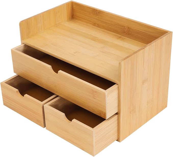 Bamboo Desk Organizer Small Retro Bamboo Tabletop Storage Box with Drawers& Recess Handles for Office Home Supplies Table Storage Collector 12 * 7.87 * 8.27in (3 Drawers/1 Top&2 Bottom)