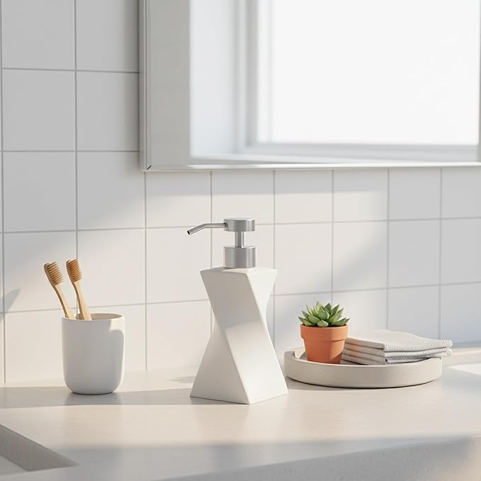 Modern White Hand Soap Dispenser with Stainless Steel Pump for Bathroom Countertop, Dish Soap Dispenser for Kitchen Sink, Contemporary Art Style, Matte Finish, 8.5oz (Arctic White)