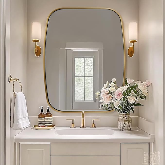 ANDY STAR Brushed Gold Oval Bathroom Mirror, 28x36 Inch Brass Oblong Mirrors for Wall, Modern Vanity Mirror in Stainless Steel Metal Tube Frame, Wall Mount Horizontal or Vertical