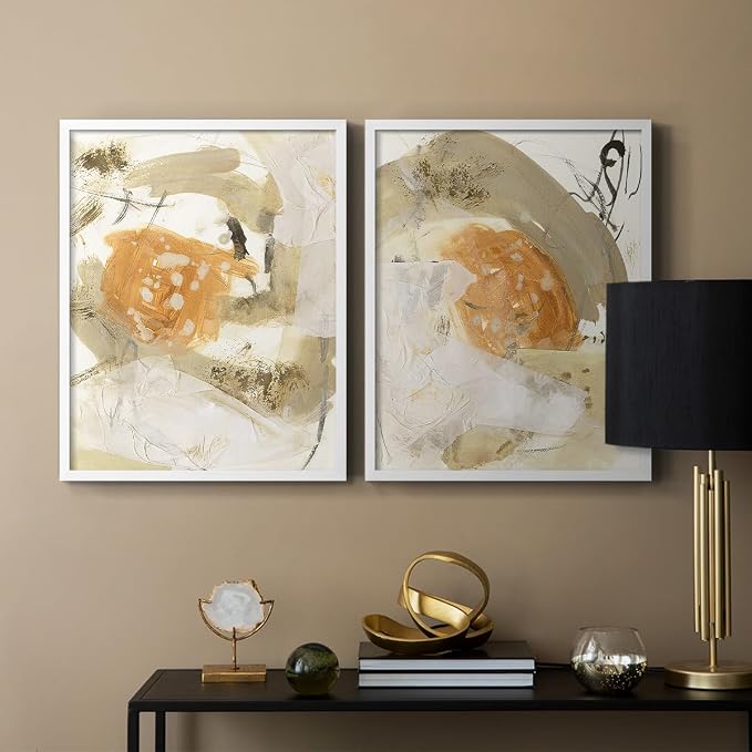 Renditions Gallery Set of 2 Peel & Stick Framed Prints, Neutral Abstract Wall Art, Earthy Tones Blended Brushstrokes Wall Decor, Re-Stickable - Ready to Hang - 8"x10" - White Frame LT588